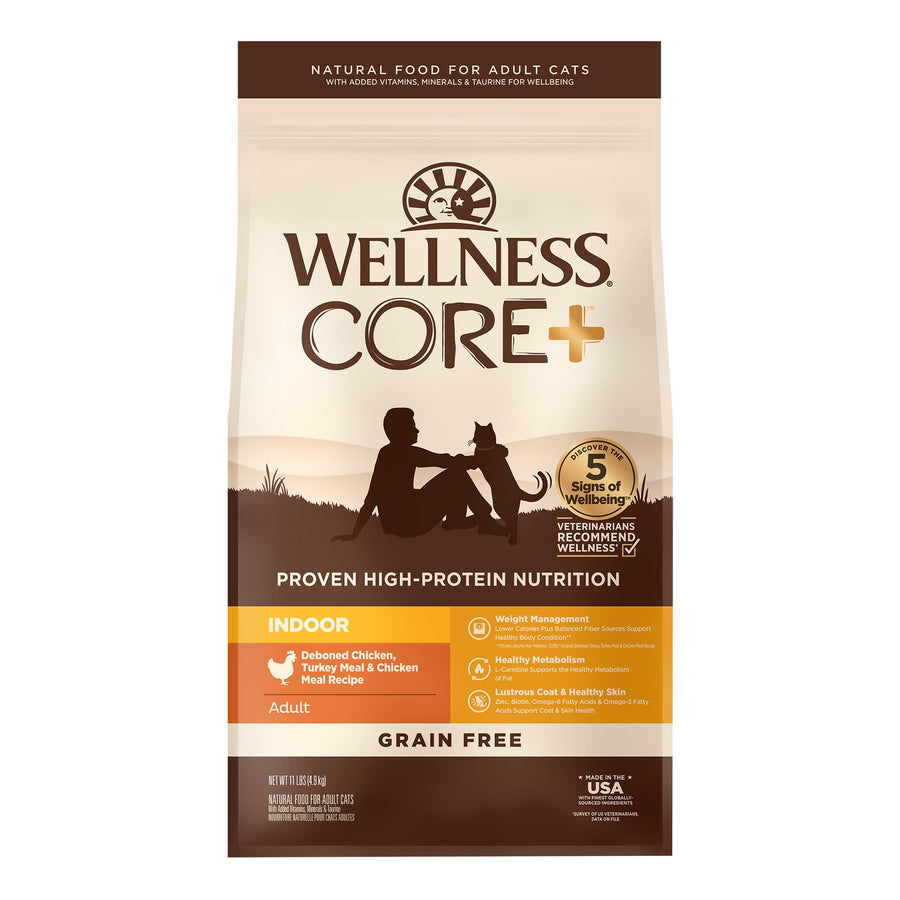 CORE+ Adult Dry Cat Food for Indoor Cats, Grain Free, Natural, Chicken, Turkey & Chicken Meal (11 Pound Bag)