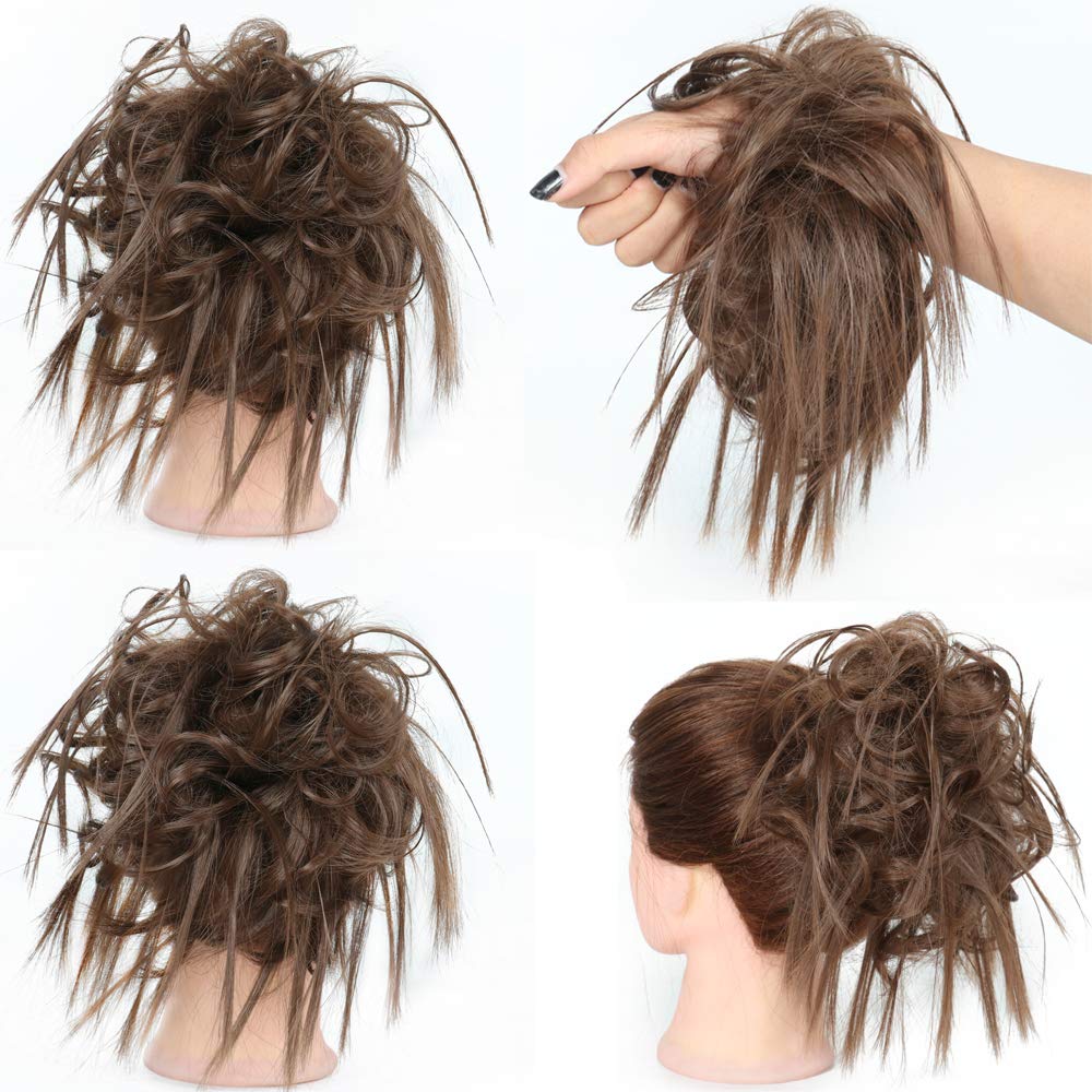 Tousled Updo Messy Bun Hair Piece Hair bun Extensions With Elastic Rubber Band Ponytail Hairpiece Scrunchies for Women (Light Brown)