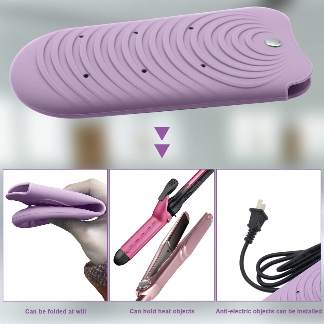 Heat Resistant Silicone Mat Pouch for Hair Styling Tools, Curling &amp; Flat Irons Non-Slip Travel Cover, Small Portable Straightener Pad for Curler Wands Storage, Hot Waver (Purple)