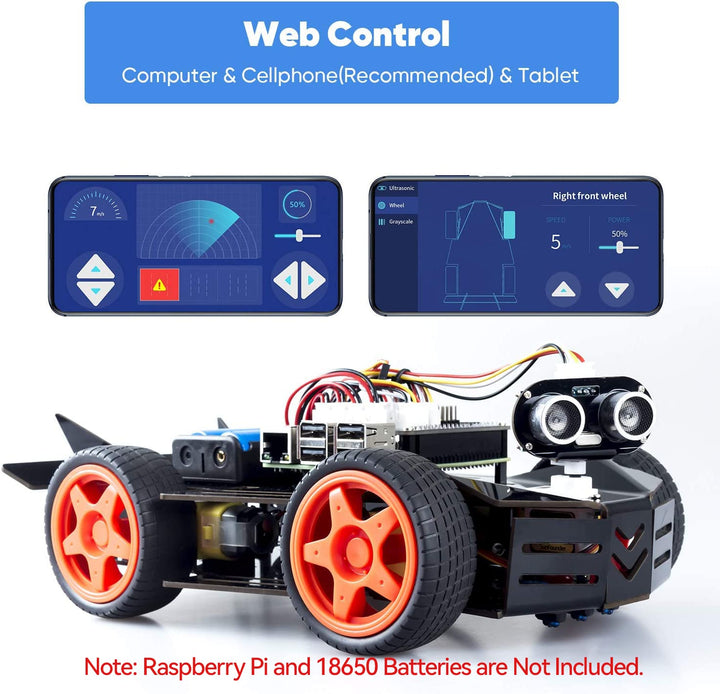Robot Car Kit for Raspberry Pi, 4WD HAT Module, Ultrasonic Sensor, Velocity Measurement Module etc. Electronic DIY Robot Kit for Teens and Adults, Raspberry Pi/TF Card/Battery not Included