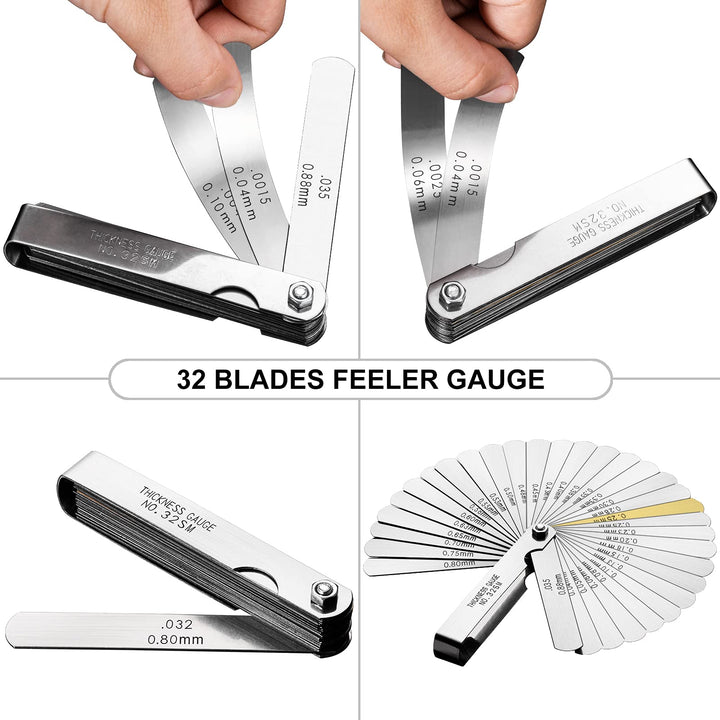 Spurtar 32 Blades Feeler Gauges 0.0015-0.035'' (0.04-0.88 mm) Stainless Steel Feeler Gauge Set SAE/Metric Feeler Gauge for Measuring Gap Width and Thickness for Guitar, Spark Plug, Piston Measure