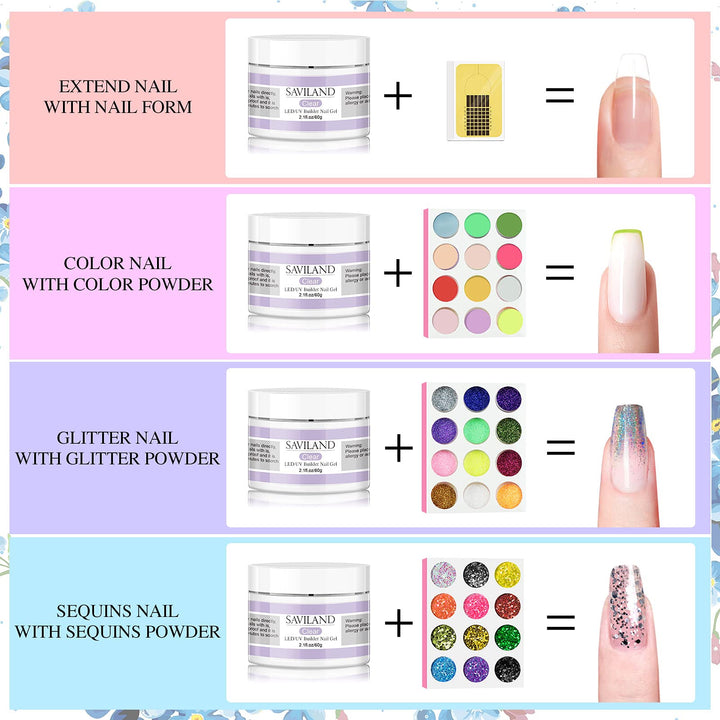 Saviland Builder Gel for Nails Kit - Nail Extension Gel Kit Nail Strengthen Nail Art Manicure Set with 36pcs Nail Powder, 15pcs Acrylic Nail Brush &amp; 100 pcs Nail Forms for Nails