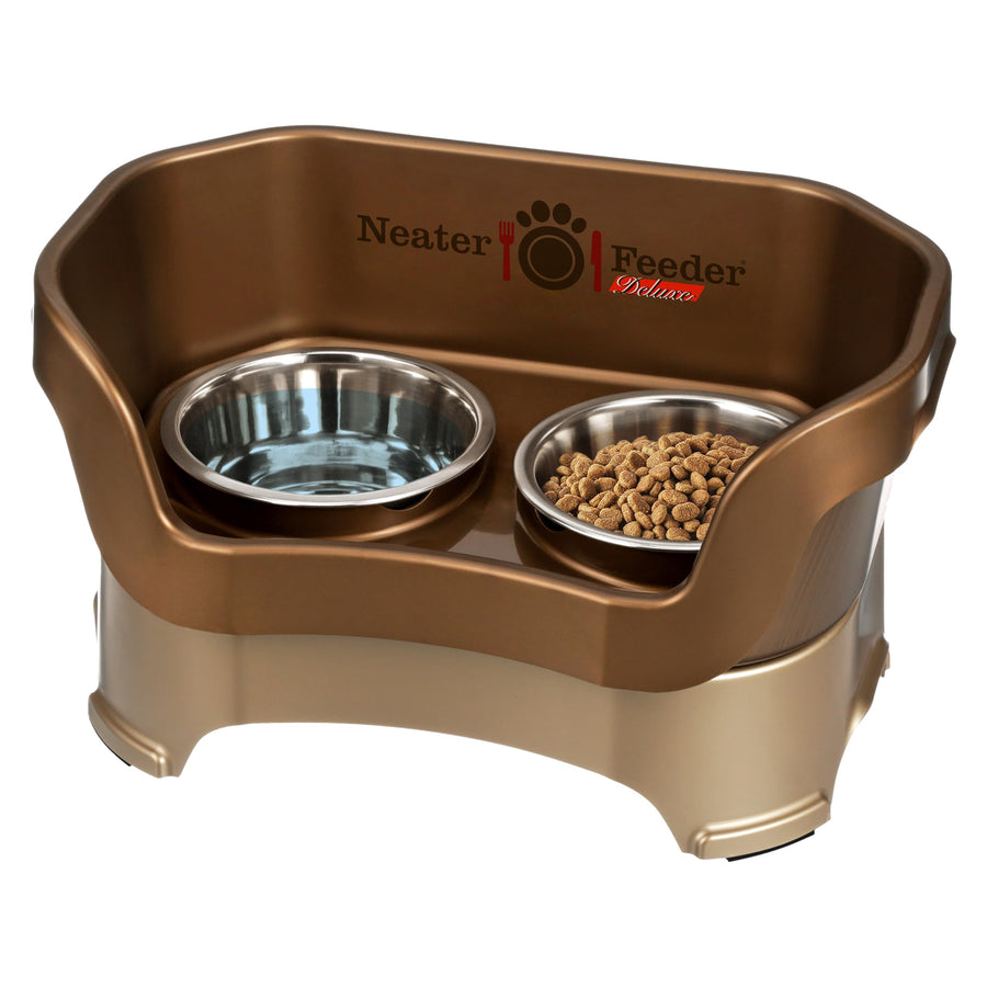 Neater Feeder Deluxe Mess Proof Dog Bowls Elevated Medium Sized Dog Breed – Made in USA – No Spill Raised Dog Food Bowl Stand – Stainless Steel Food and Water Bowl Set, Pet Feeding Station, Bronze