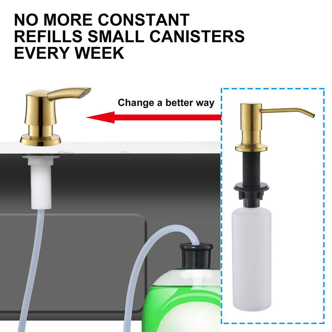 Gold Soap Dispenser for Kitchen Sink Brushed Gold Soap Dispenser Counter Soap Dispenser Gold Built in Soap Dispenser with 40 Inches Tube Sink Soap Dispenser Extension Tube Kit