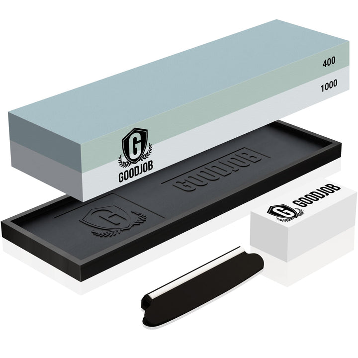 Knife Sharpening Stone Kit - Goodjob Premium Japanese Whetstone Knife Sharpener Stone Set - Dual Grit 400/1000 Water Stone with Non-Slip Silicone Base, Angle Guide, Flattening Stone