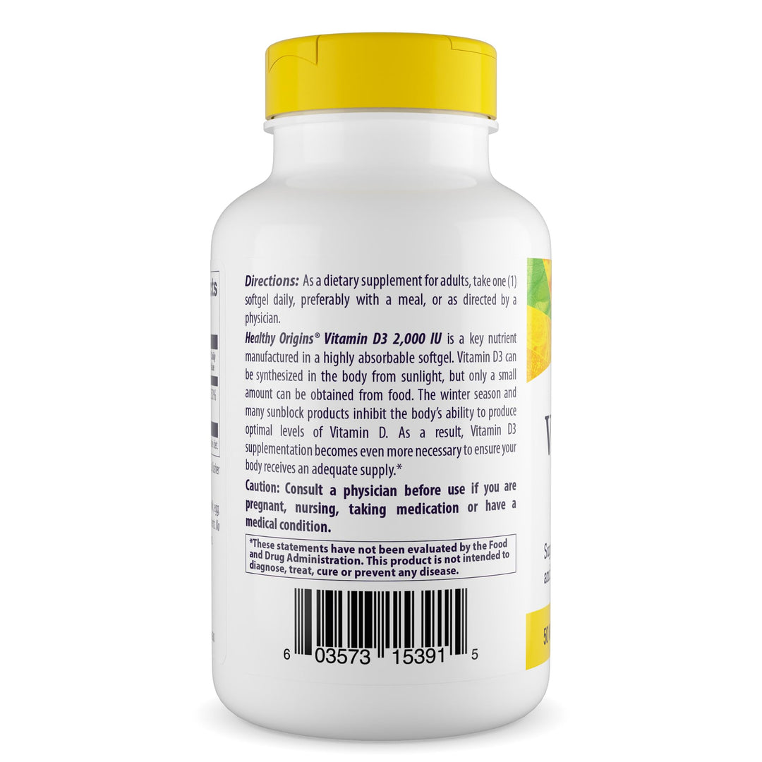 Healthy Origins Vitamin D3 (Lanolin) 2,000 IU Softgel - Bone Health and Immune Support Supplement - Easily Absorbable Vitamin D Supplements - Gluten-Free Vitamin D3 Supplement - 360 Softgels