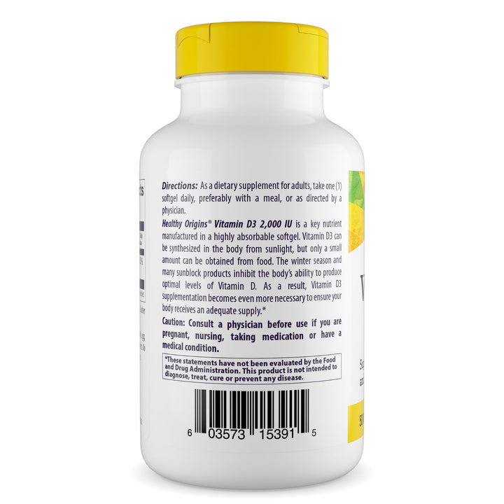 Healthy Origins Vitamin D3 (Lanolin) 2,000 IU Softgel - Bone Health and Immune Support Supplement - Easily Absorbable Vitamin D Supplements - Gluten-Free Vitamin D3 Supplement - 360 Softgels