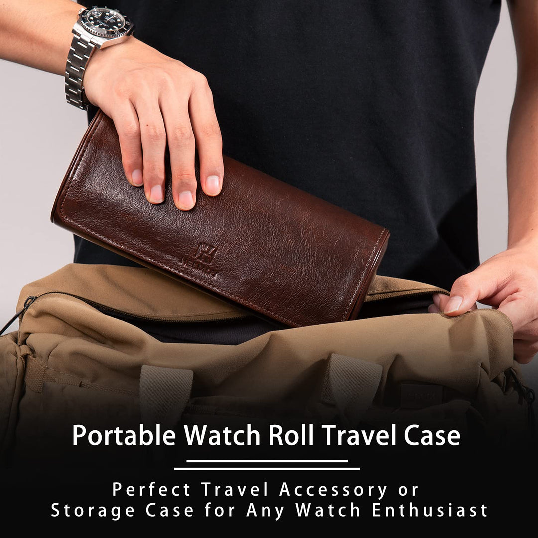Watch Roll Travel Case: 3 Slot Watch Box Organizer for Men - Watch Storage and Display Case - Watch accessory Fits All Wrist Watches &amp; Smart Watches Up to 50mm (Dark Brown)