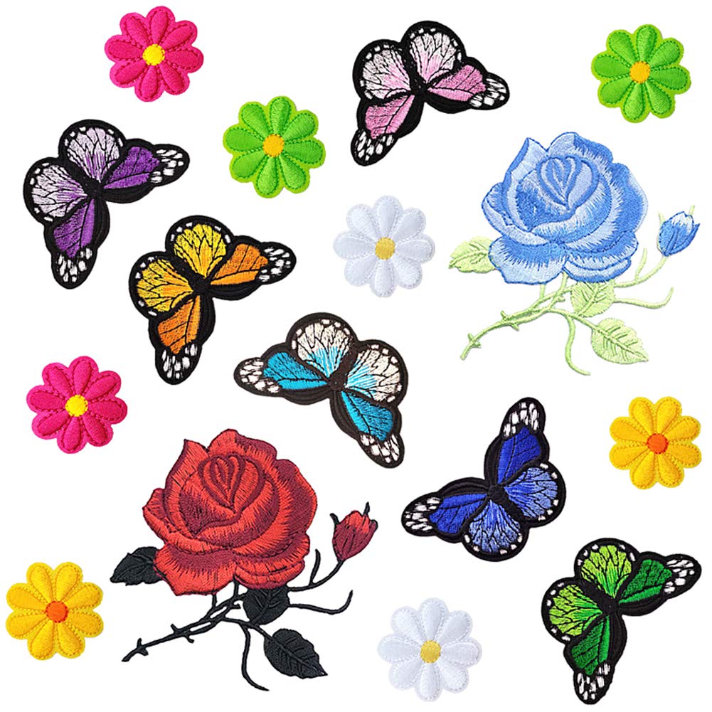 Butterfly Patches Flower Embroidery Patch Sunflower Iron On Patches Rose Applique Patches Sew On Badges Logo Repair Decorative Patches for Clothes Jeans Clothing Jackets Bags Shoes Hats (16 Pcs)