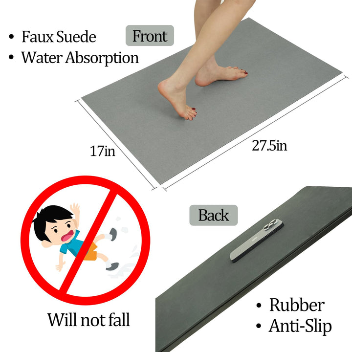 Thin Diatomaceous Earth Bath Mat,Non Slip Quick Dry Bath Mats for Bathroom,Super Absorbent Stone Bath Mat-Washable Shower Mat Bathroom Floor Mat (Light Grey,16x24)