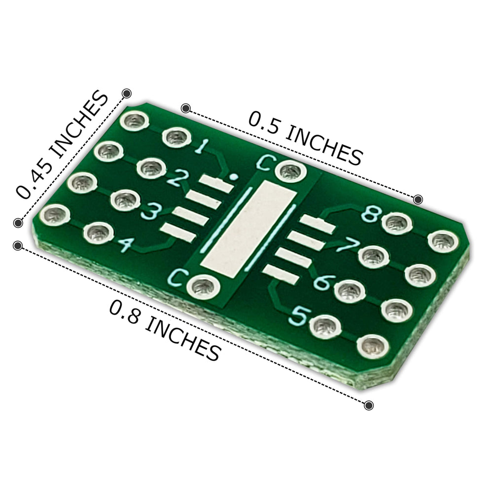 – SMD to DIP Breakout PCB Module, 8-Pin, SOIC to DIP Adapter Header with Integrated SMT Resistor and/or Capacitor Pads – 10 Pieces