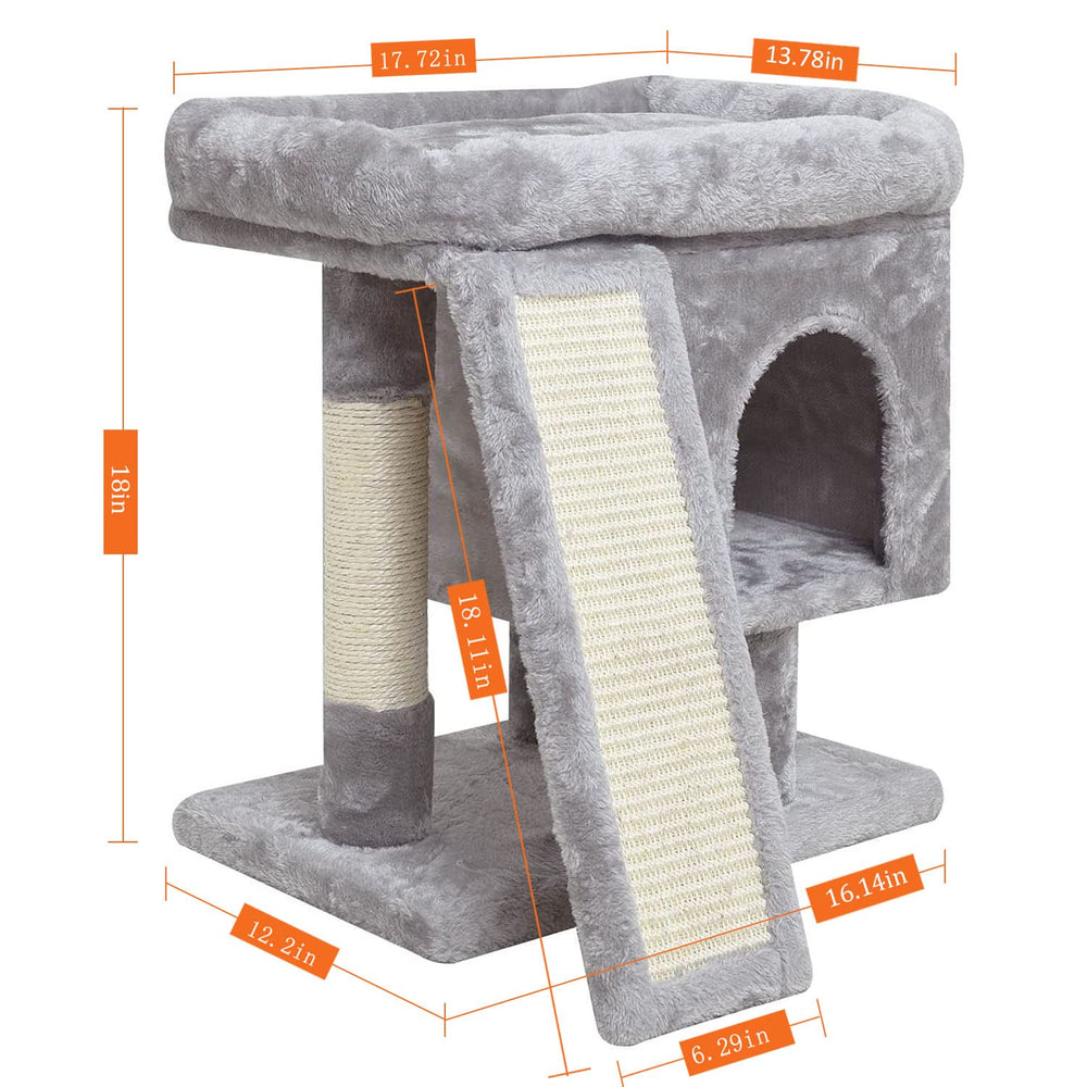 Small Cat Tree for Indoor Cats, Cat Tower with Scratching Post, Modern Activity House for Large Cats, Condo with Board, Kittens Cave (Light Grey)