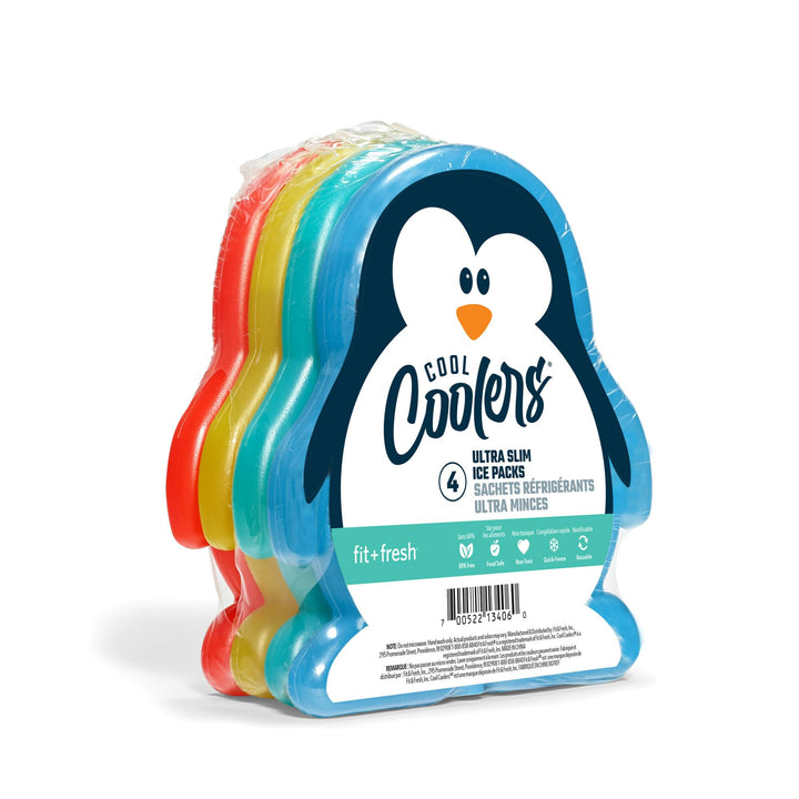 Fit & Fresh Cool Coolers Kids Lunch Box Ice Packs, Slim Ice Packs for Lunch Bags, Lunch Ice Packs Reusable-Multicolored, Set of 4 (Penguin)