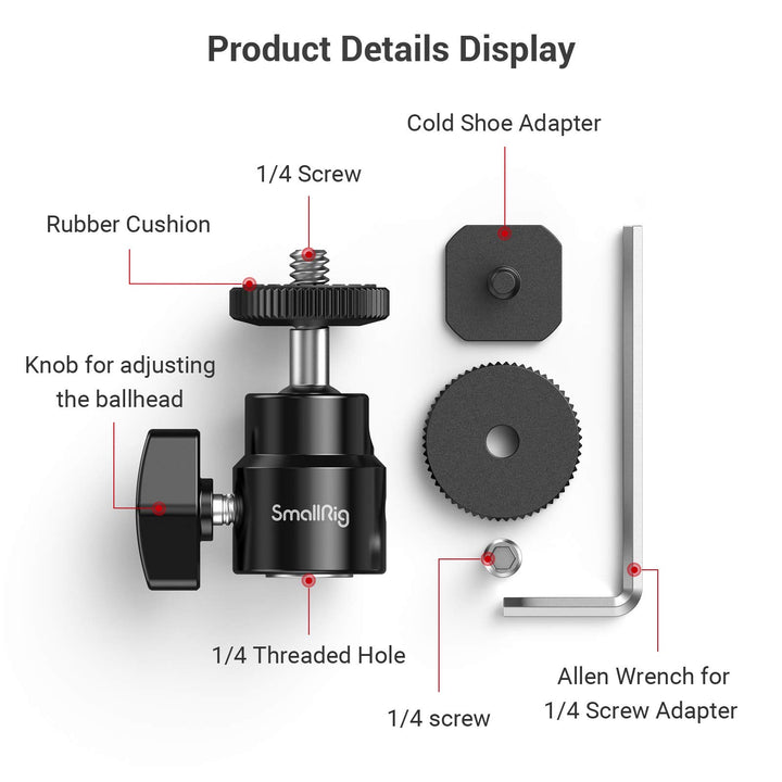 SmallRig 1/4 Camera Hot Shoe Mount, Ballhead Tripod wit
