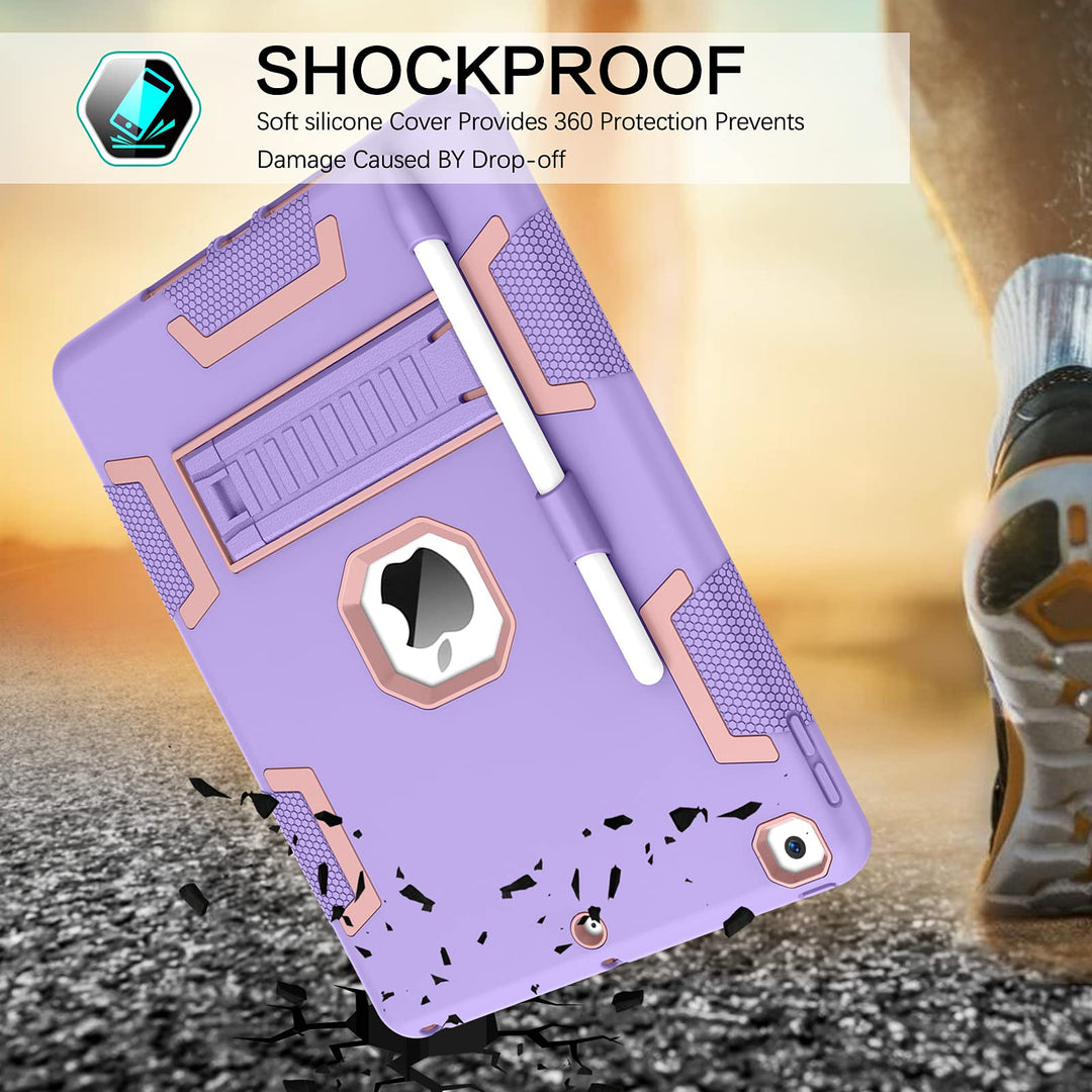 Case For iPad 7th/8th/9th Generation, iPad 10.2 2021/2020/2019, 3 in 1 Heavy Duty Rugged Shockproof Protective Tablet Cover with Stand Pen Holder,Purple/Rose Gold