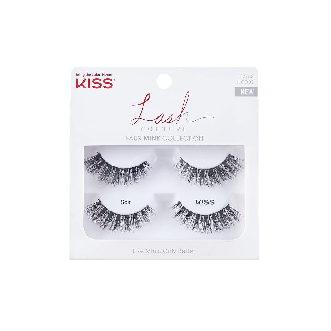 Lash Couture Faux Mink False Eyelashes Double Pack, Knot-Free Lash Band, Reusable, Contact Lens Friendly, Easy To Apply, Ultrafine, Tapered, Synthetic Fake Lashes, Style Soir, 2 Pairs