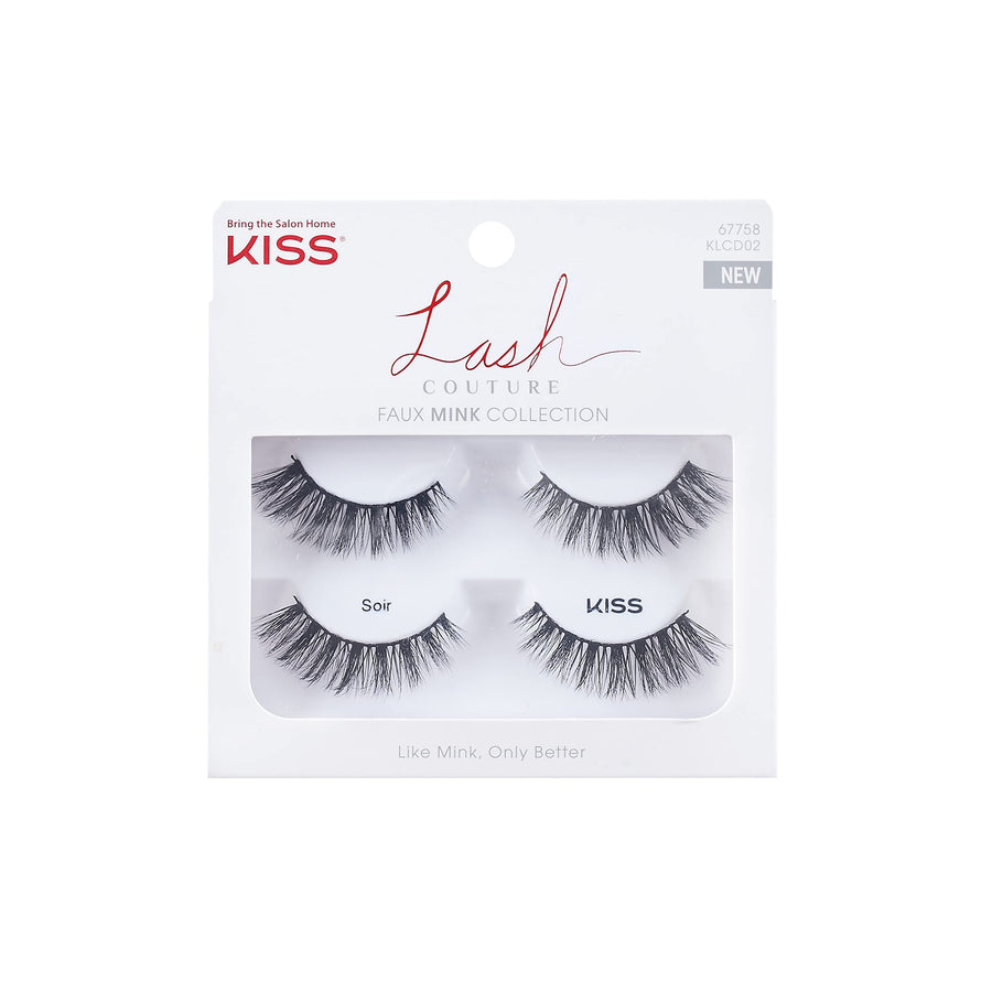 Lash Couture Faux Mink False Eyelashes Double Pack, Knot-Free Lash Band, Reusable, Contact Lens Friendly, Easy To Apply, Ultrafine, Tapered, Synthetic Fake Lashes, Style Soir, 2 Pairs