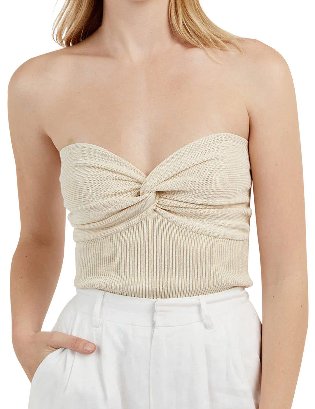 Women’s Sexy Twist Front Knitted Tube Top Strapless Solid Ruched Rib-Knit Crop Top Tank Top(Apricot,Small)