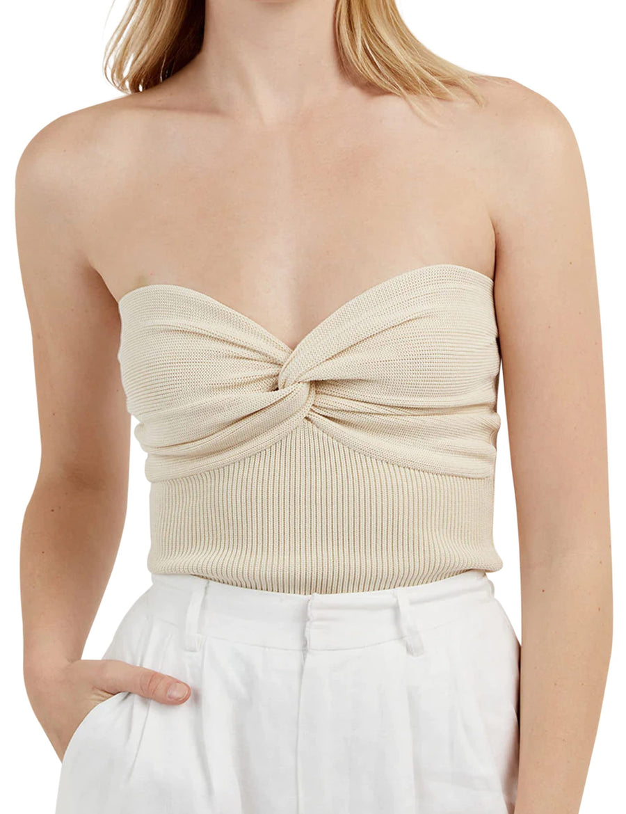Women’s Sexy Twist Front Knitted Tube Top Strapless Solid Ruched Rib-Knit Crop Top Tank Top(Apricot,Small)
