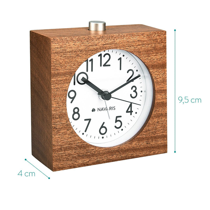 Wood Analog Alarm Clock - Square Battery-Operated Non-Ticking Clock with Snooze Button and Light - Dark Brown