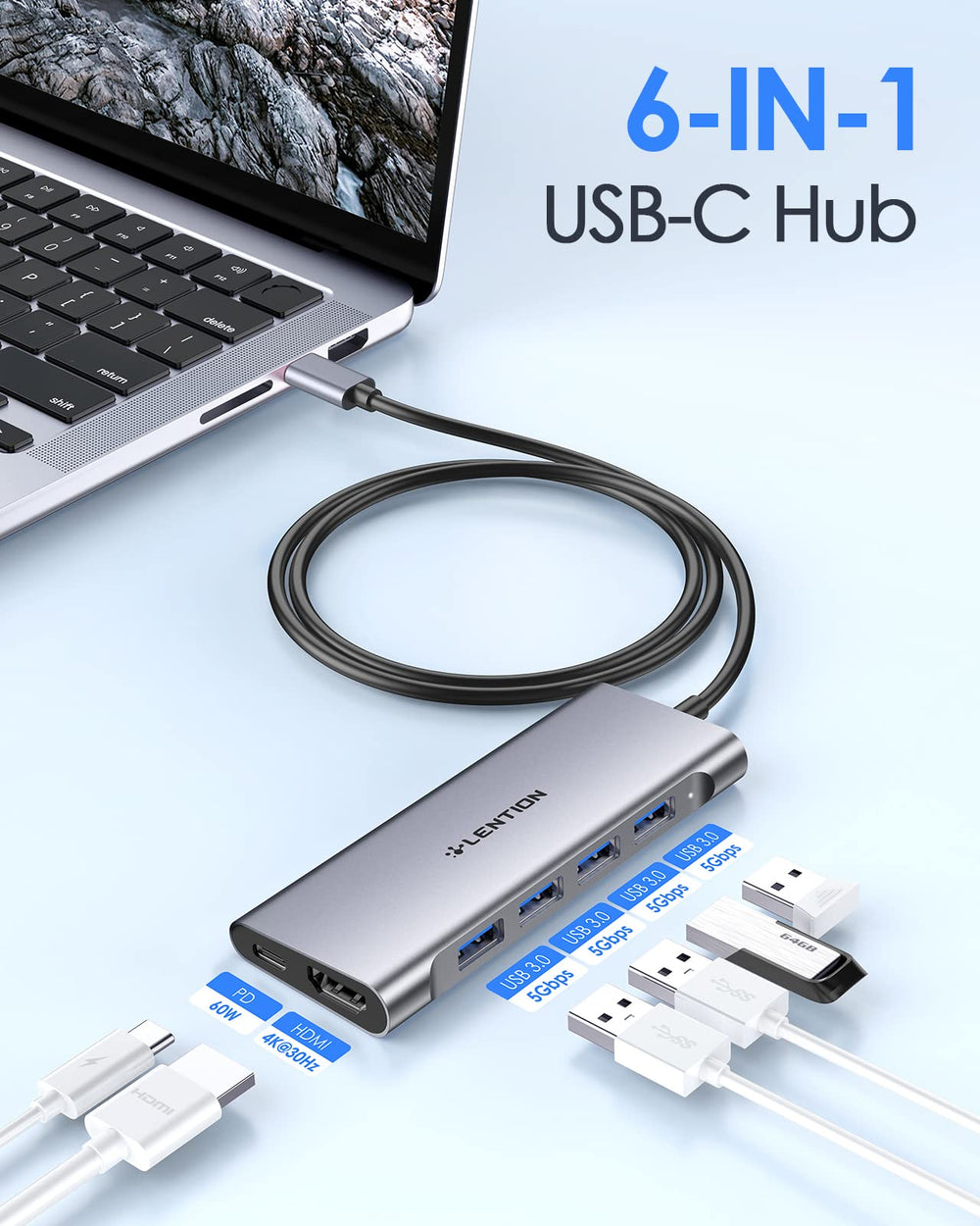 3.3FT Long Cable USB C Multiport Hub with 4K HDMI, 4 USB 3.0, Type C Charging Compatible 2023-2016 MacBook Pro, New Mac Air/iMac/Mac Mini, More, Stable Driver Adapter (C35-1M, Space Gray)