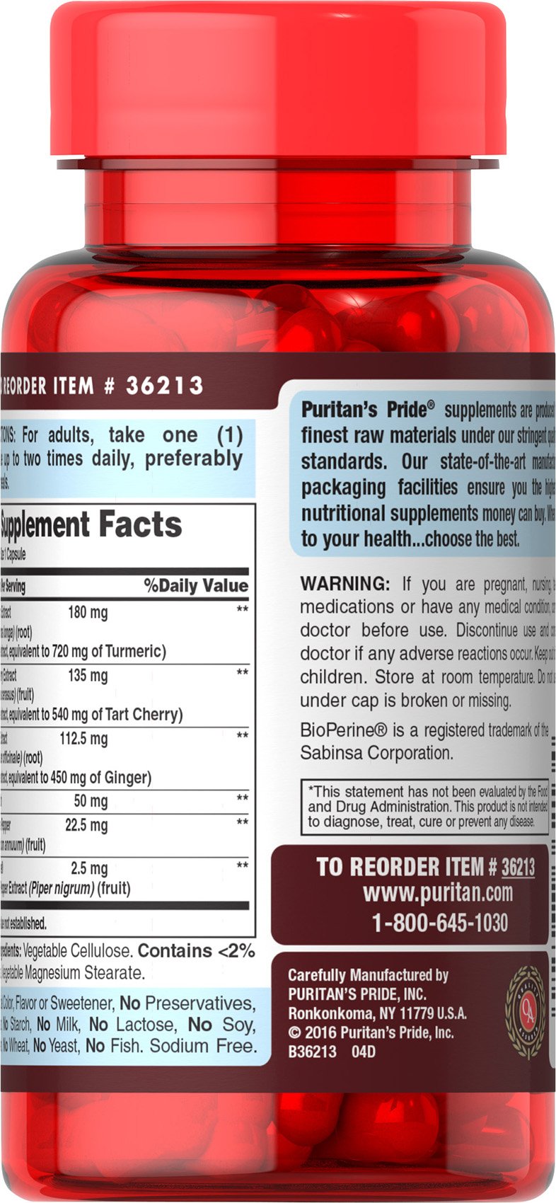 Puritan&#39;s Pride Tart Cherry Turmeric Complex, Dietary Supplement for Antioxidant Health, 60 Rapid Release Capsules