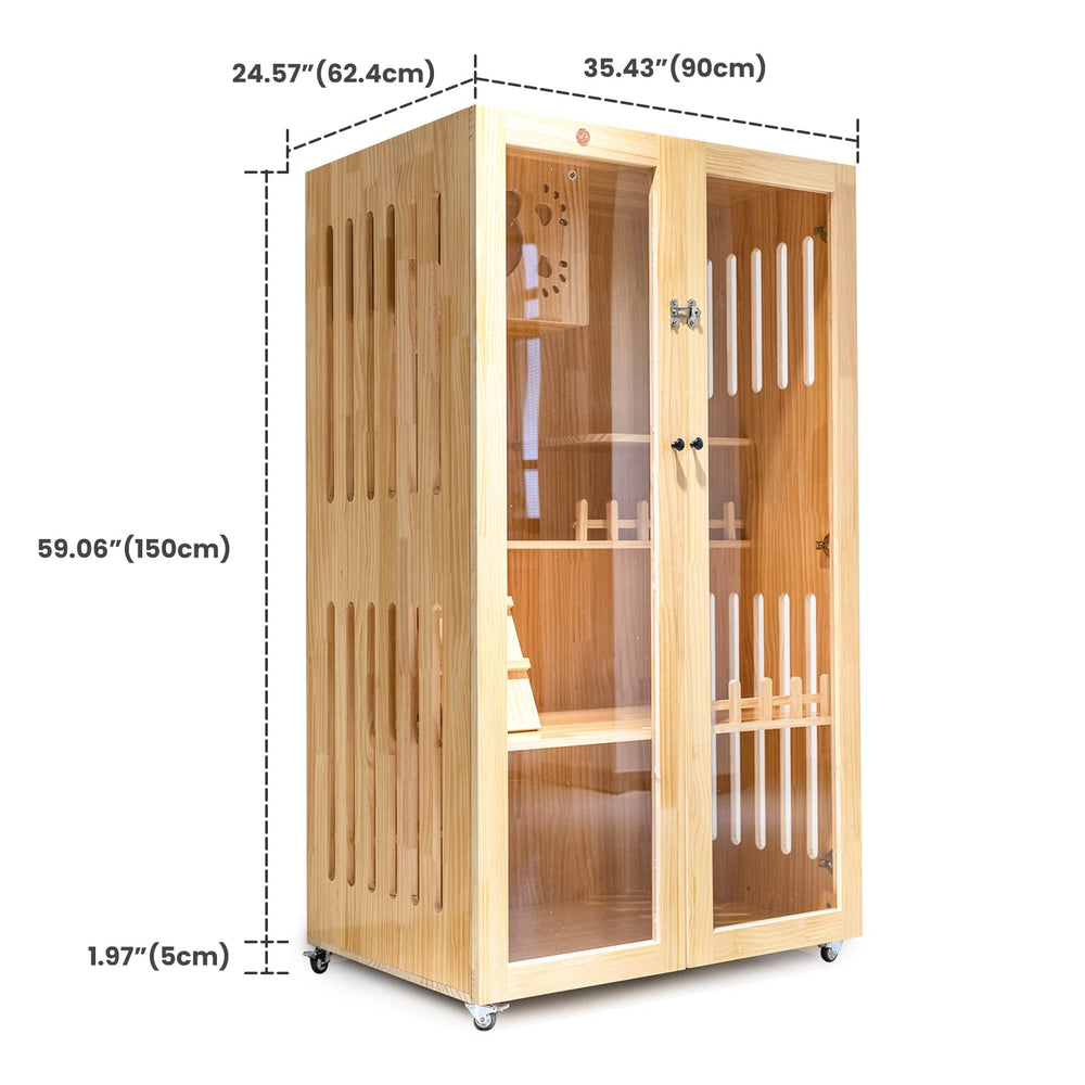 Large Wooden Cat House for Outdoor and Indoor Cats,Luxury Multi-Feature Cat Condo with Cat Scratching Posts 59in Oversized Cat Villa on Wheels