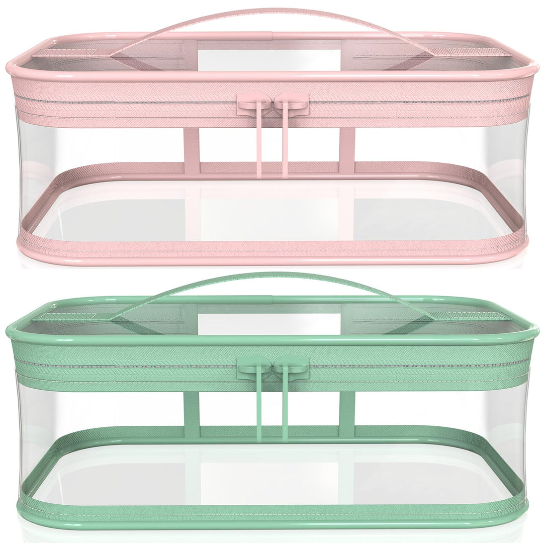 WANBAO 2 Pcs Transparent Makeup Bag Zipper Waterproof Portable Travel Storage Pouch, Pink Green