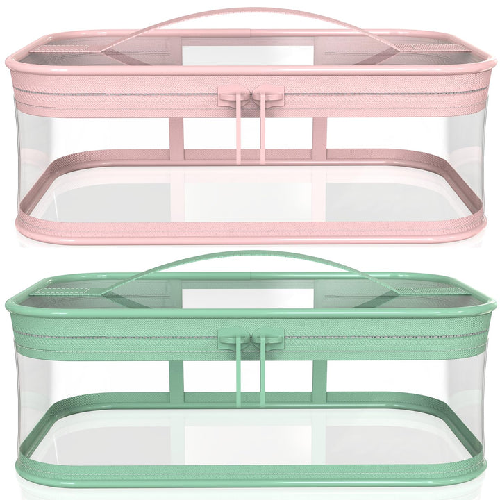 WANBAO 2 Pcs Transparent Makeup Bag Zipper Waterproof Portable Travel Storage Pouch, Pink Green