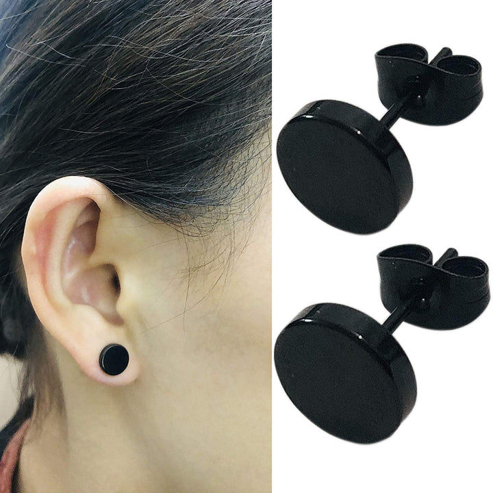 8mm Black Round Stud Earrings Set Stainless Steel Ear Studs for Men Women Tunnel Plug Post Pierced Tunnel, 2pcs/1 Pair