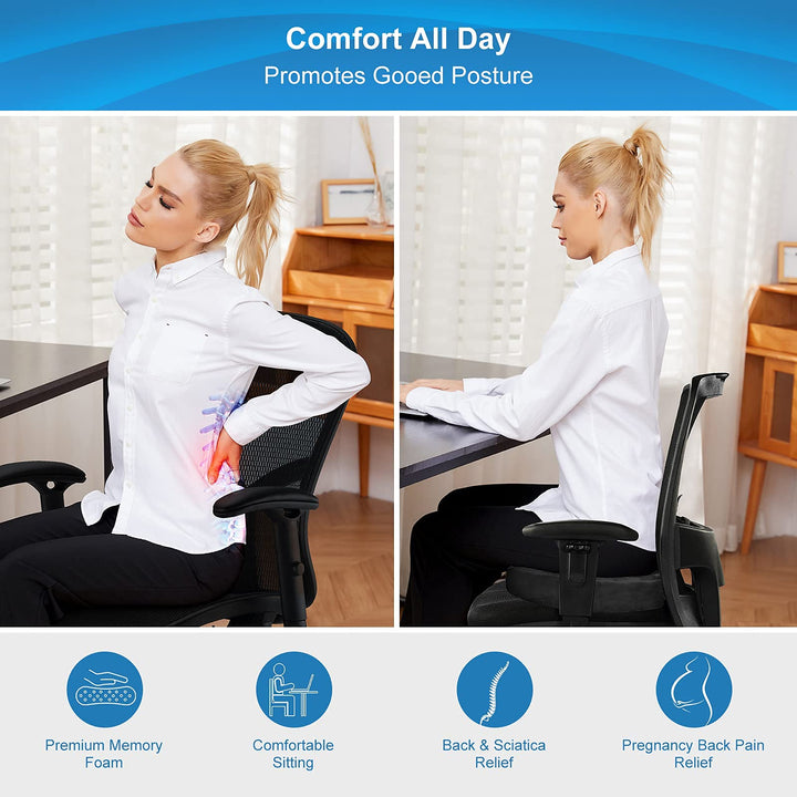 Seat Cushion Pillow for Office Chair, Desk Chair Car Seat Cushion for Tailbone Pain, Memory Foam Coccyx Seat Cushion for Sciatica, Back Pain Relief (Black)