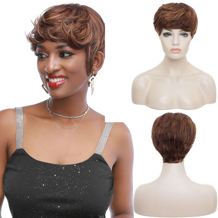 S-noilite Short Human Hair Wigs with Bangs Ombre Black to Burgundy Red Layered Wavy Short Pixie Cut Wig Dark Root 100% Human Hair Wig for Black Women Natural Daily Party