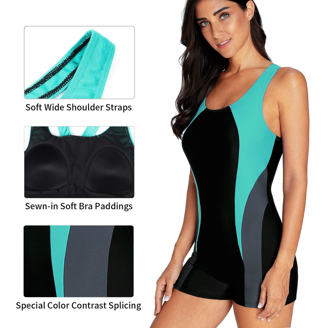 Women Competitive Professional Swimsuit Lap Swimming Modest 1 Piece Swimsuit Boyleg Aqua Black M