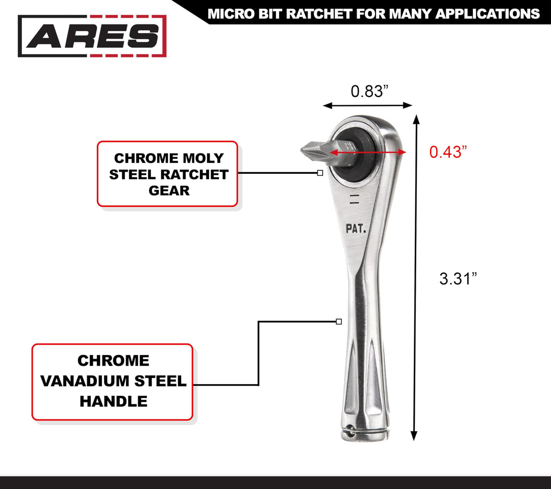 70040-1/4-Inch Drive Close Quarter Micro Bit Ratchet | Mini Screwdriver with High Torque 72-Tooth Gearhead - 5 Degree Sweep - Spring Loaded Detent Ball Bit Holder
