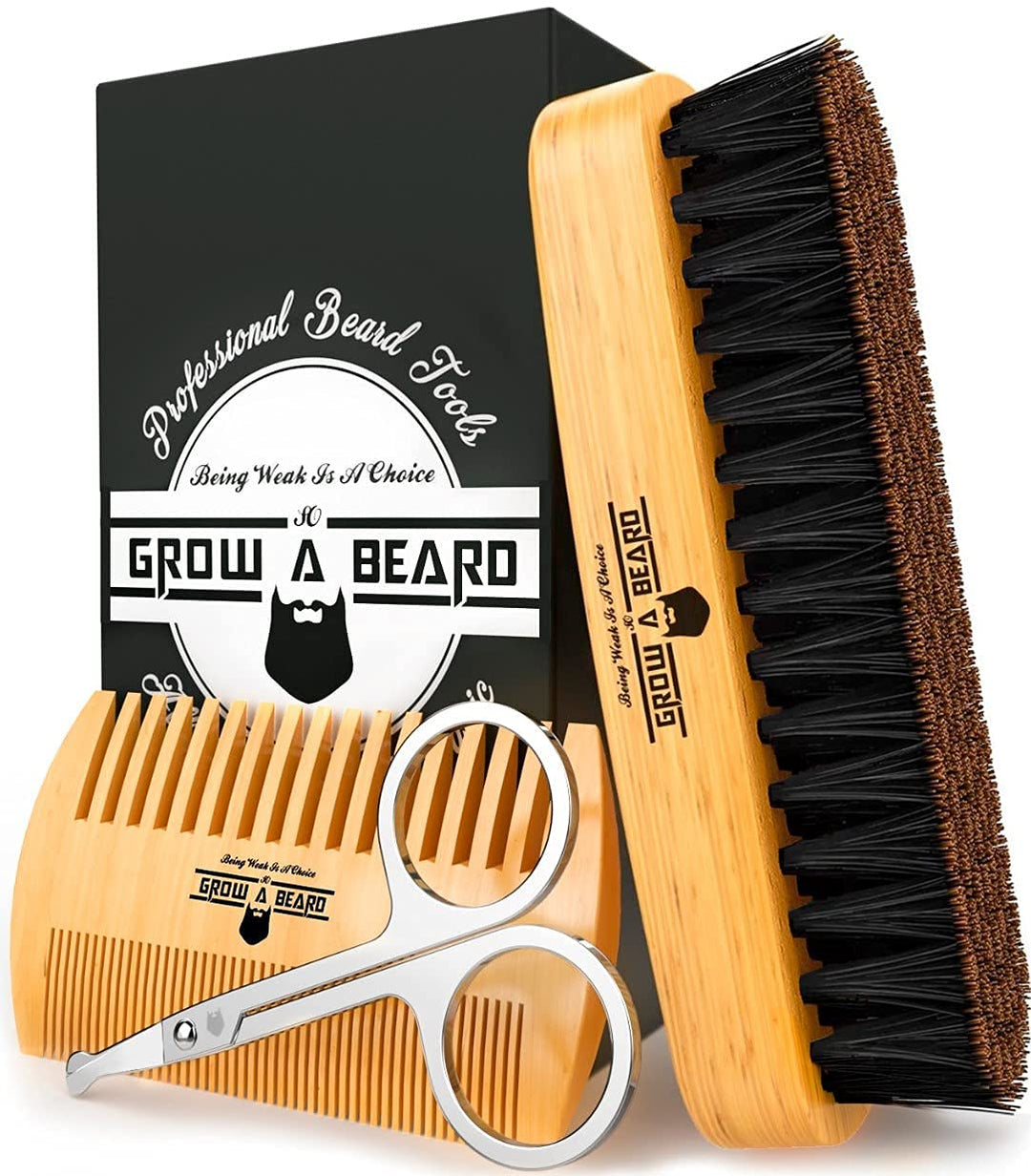 Beard Brush For Men &amp; Beard Comb Set w/Mustache Scissors Grooming Kit, Natural Boar Bristle Brush, Dual Action Wood Comb, And Travel Bag Great For Christmas Gift