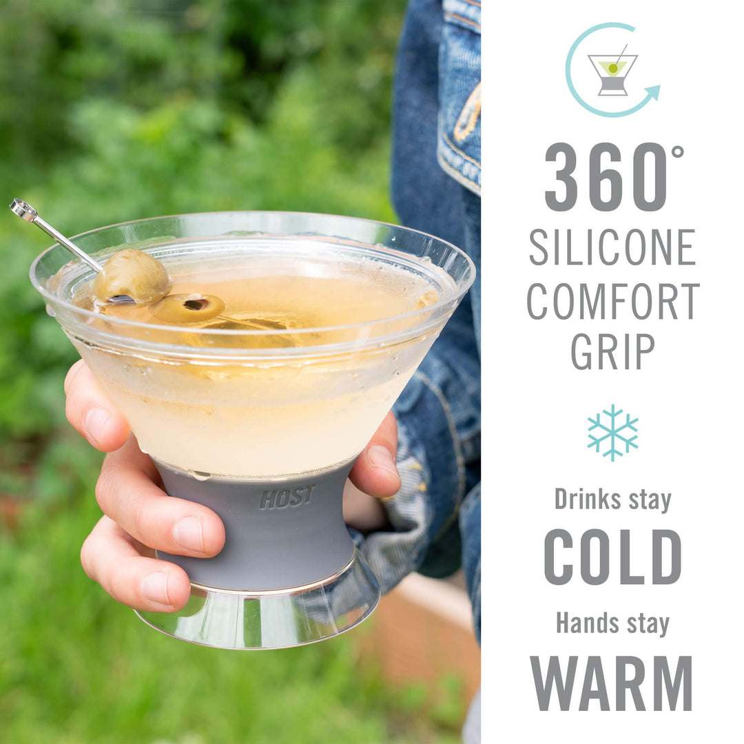 Freeze Insulated Martini Cooling Cups, Plastic Freezer Gel Chiller Double Wall Stemless Cocktail Glass Set of 2, 9 oz, Grey