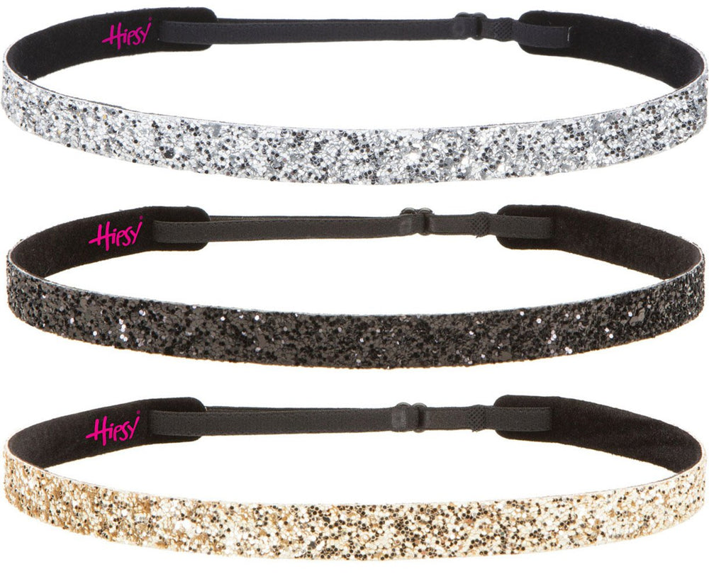 Women's Adjustable NO SLIP Skinny Bling Glitter Headband Multi 3pk (Black/Gold/Silver)
