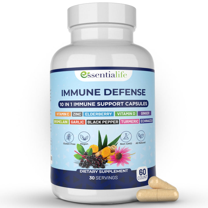 Immune Support Supplement 10 in 1 Elderberry, Echinacea, Vitamin D, Vitamin C 1000mg &amp; Zinc Supplement - Take Charge of Your Health with Immune Booster for Adults - 60 Vitamins Capsules