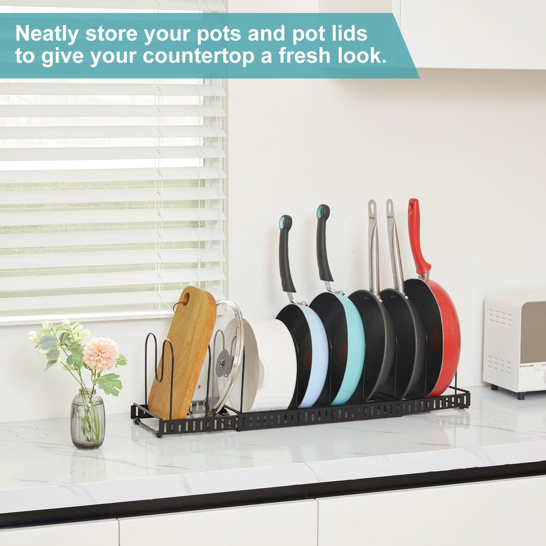 15 Adjustable Dividers Pot and Pan Organizer Rack, 7D x 32W x 7.1H, 3 in 1, Expandable Lid Bakeware Cupboard Rack Holder for Kitchen Cabinet Pantry Countertop, Black (Patent Pending)