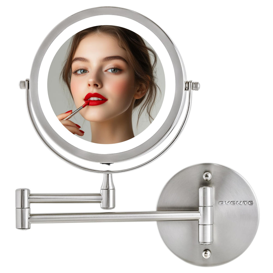 7 Lighted Wall Mount Makeup Mirror with 1X/10X Magnification, Cordless Double Sided Magnifying Round Vanity Mirror, 360° Swivel Design, Extendable and Folding Arm, Nickel Brushed MFW70BR1X10X