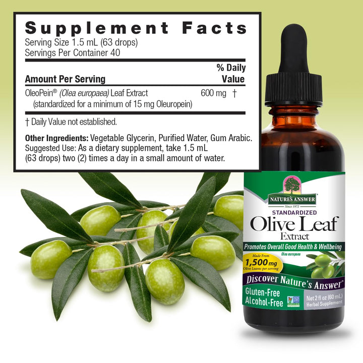 Nature&#39;s Answer Olive Leaf Extract, Alcohol-Free, Non-GMO, Vegan, Gluten-Free, Made in USA, 2 Ounce | Olive Extract Support | Olive Leaf Extract Capsules for Wellness