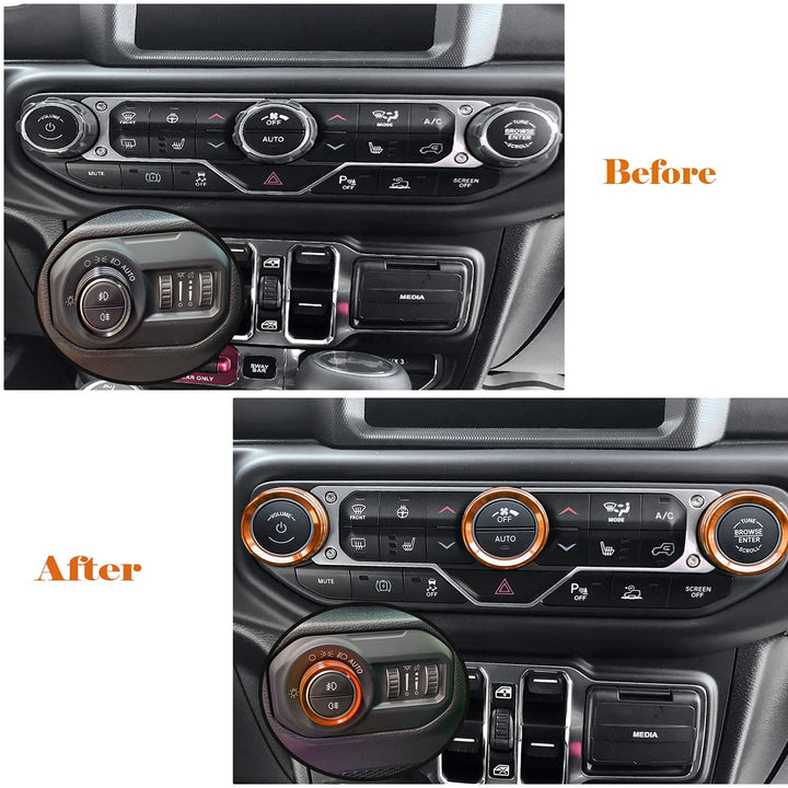 JL JLU Gladiator JT Climate Volume Auto Knobs Ring Air Conditioner Headlight Switch Trim Cover Center Console Knob fit for 2018-2021 Jeep Wrangler JL JLU Gladiator JT Accessories 4pcs (Black)