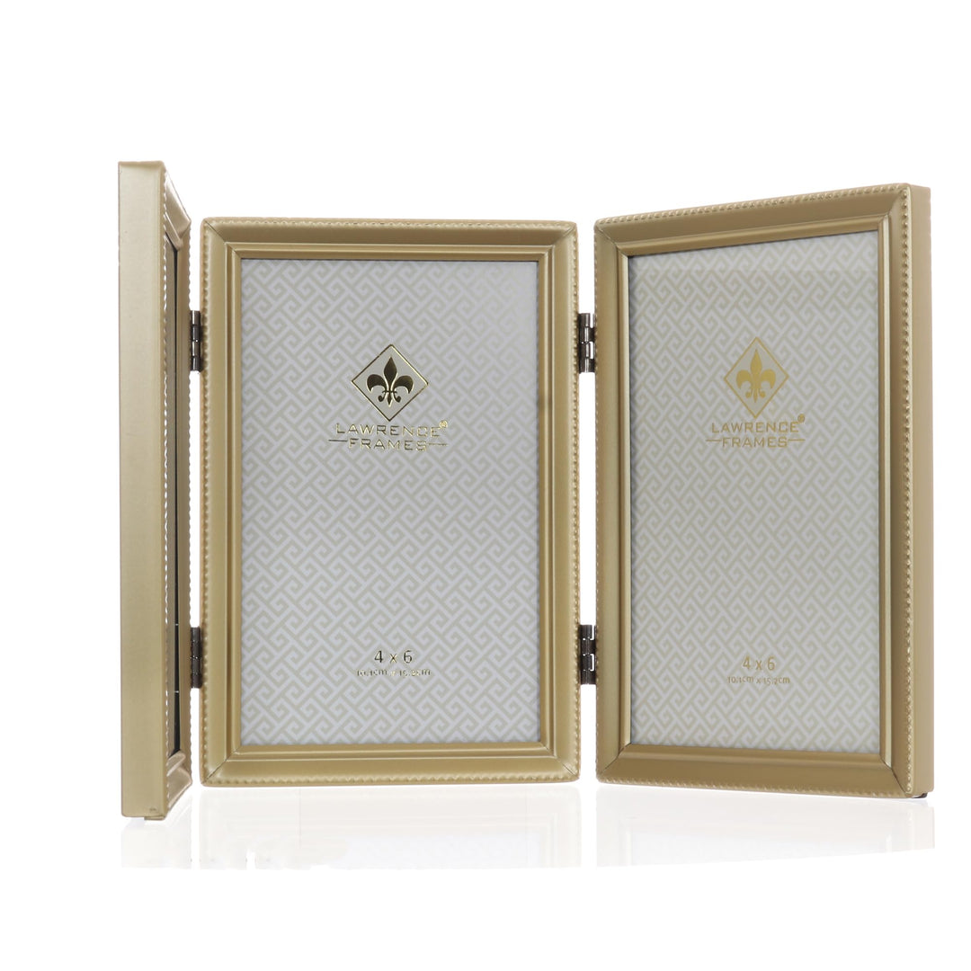 Antique Brass 4x6 Hinged Triple Picture Frame - Bead Border Design, Satin Gold