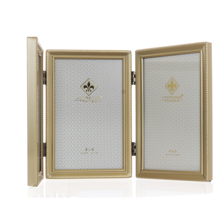 Antique Brass 4x6 Hinged Triple Picture Frame - Bead Border Design, Satin Gold