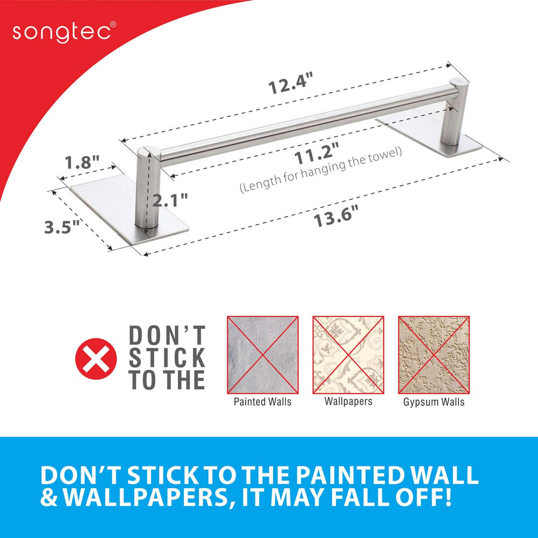 Adhesive Towel Bar 12inch Brushed, Stick On Bath Towel Rack Easy Install, NO Drilling on Walls, Premium SUS304 Stainless Steel - Brushed