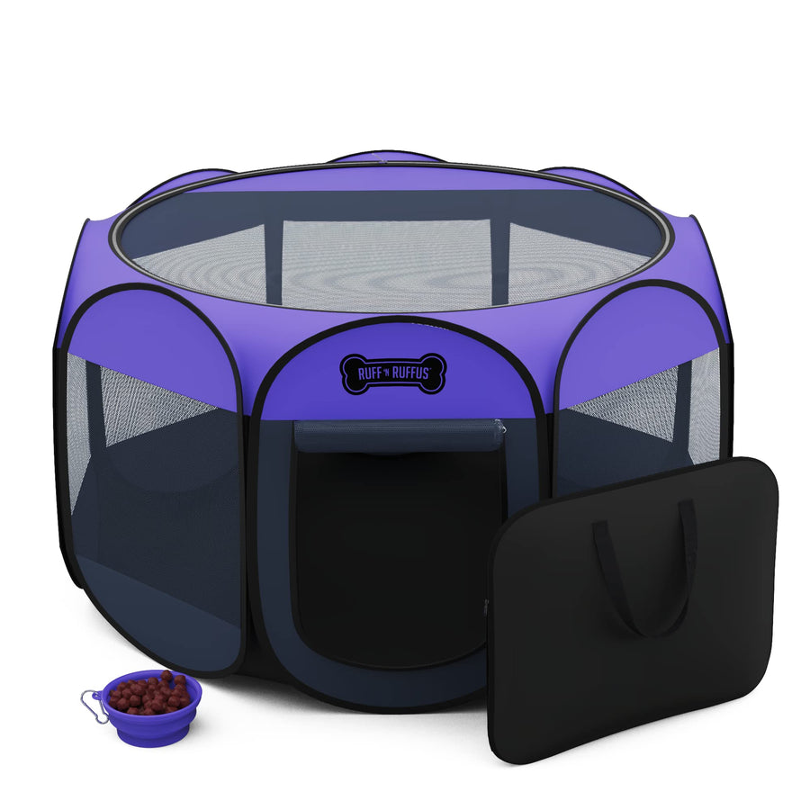 Ruff 'N Ruffus Portable Foldable Pet Playpen + Carrying Case & Collapsible Travel Bowl | Indoor/Outdoor use | Water Resistant | Removable Shade Cover (Extra Large (48 x 48 x 23.5) Free Bonus)