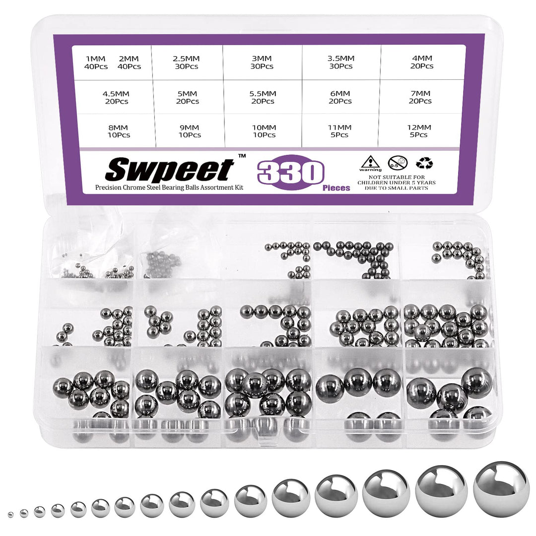 330Pcs 16 Size 1mm 2mm 2.5mm 3mm 3.5mm 4mm 4.5mm 5mm 5.5mm 6mm 7mm 8mm 9mm 10mm 11mm 12mm Metric Steel Loose Bicycle Bearing Steel Ball Precision Balls Assortment Kit for Bicycles Casters