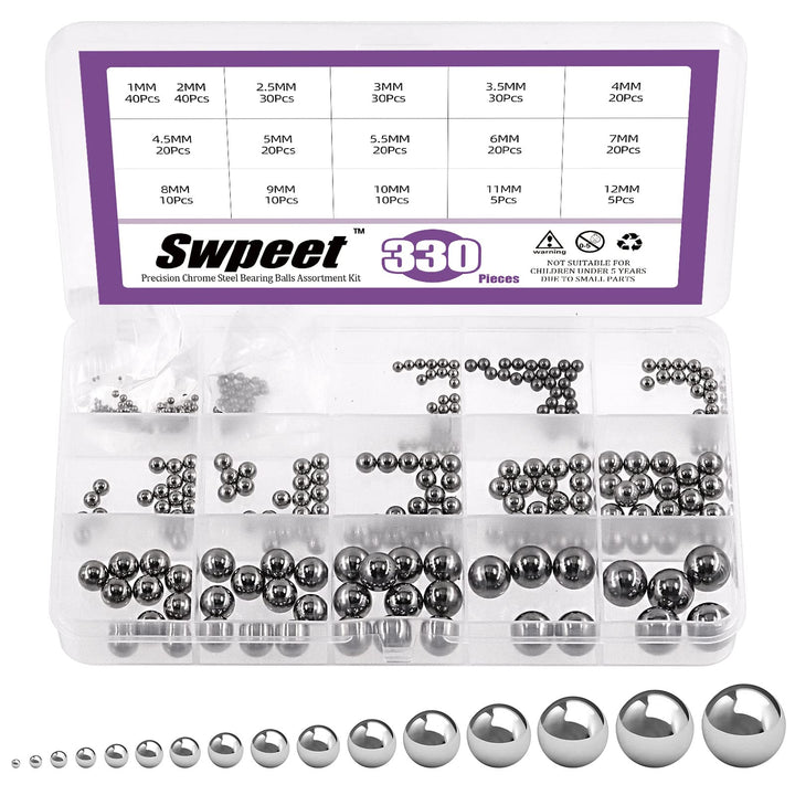 330Pcs 16 Size 1mm 2mm 2.5mm 3mm 3.5mm 4mm 4.5mm 5mm 5.5mm 6mm 7mm 8mm 9mm 10mm 11mm 12mm Metric Steel Loose Bicycle Bearing Steel Ball Precision Balls Assortment Kit for Bicycles Casters