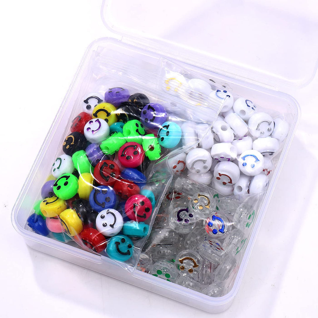 120PCS Happy Face Beads Colorful Flower Polymer Clay Happy Face Beads Vinyl Resin Acrylic Loose Spacer Beads for Bracelet Necklace Earring Jewelry Making Supplies with Elastic String