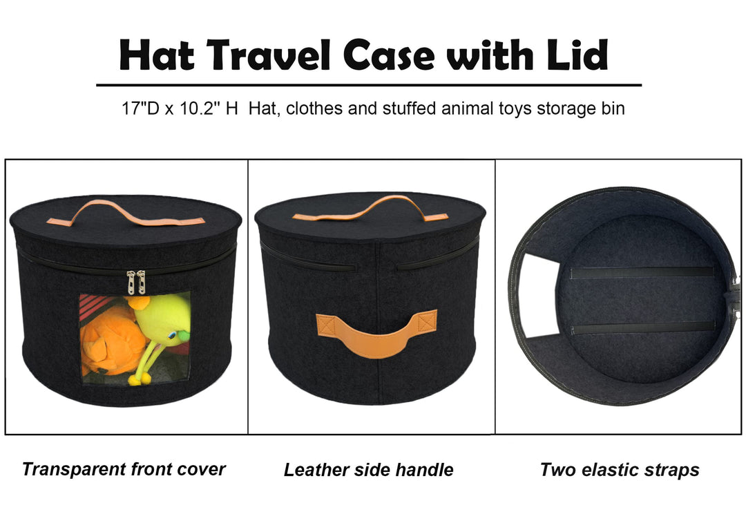 Hat Storage Box Portable Felt Organizer Bucket Foldable Large Capacity Round Travel Hat Container with Dust Proof Lid, Stuffed Animal Toys and Clothes Storage Bin Bag (Black)